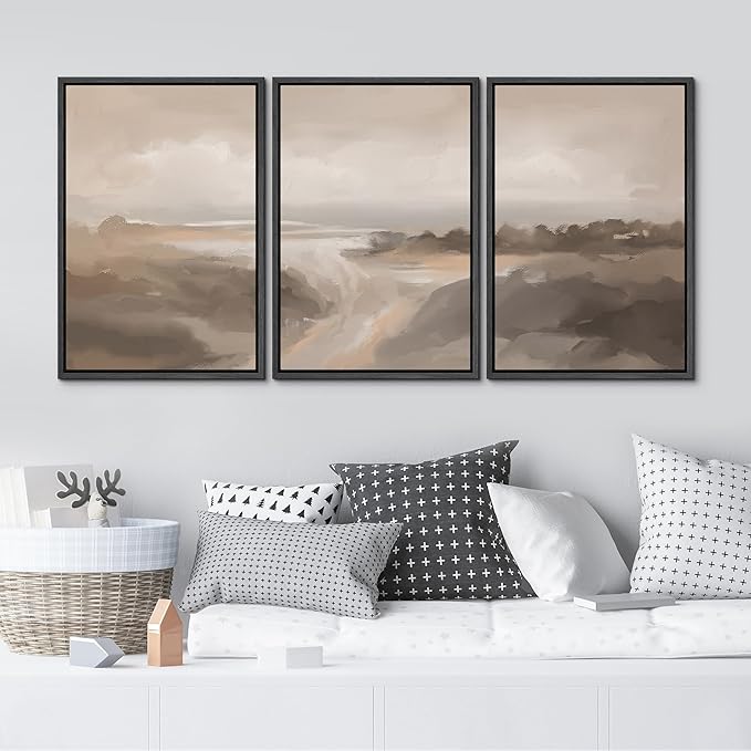 MUDECOR Framed Canvas Print Wall Art Serene Landscape Neutral Coastal Illustrations Realism Decorative for Living Room, Bedroom, Office - 24"x36"x3 Black