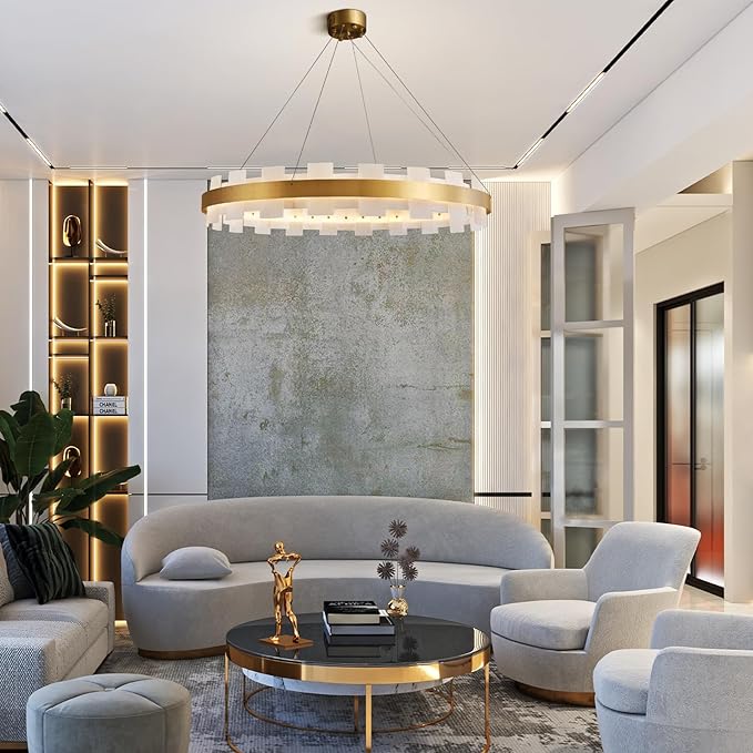 Modern Alabaster Linear Chandelier 31.5 Inch, Round Adjustable Large Ceiling Light for Living Room Over Table, Dining Room, with Warm White Glow