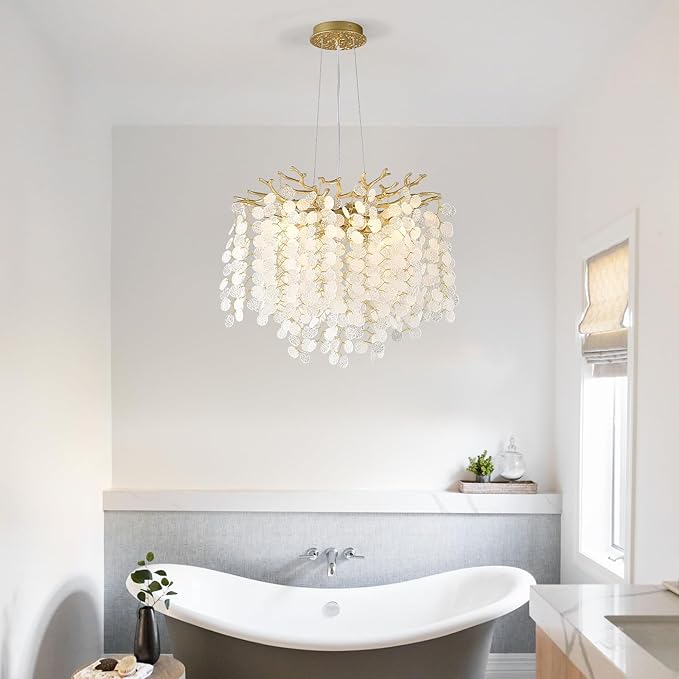 18-Inch Coastal Chandelier, 6-Light Gold Tree Branch Chandelier, Modern Foyer Bedroom Chandeliers with Adjustable Height, Round Crystal Pendant Light Fixtures for Entryway Dining Room, E12