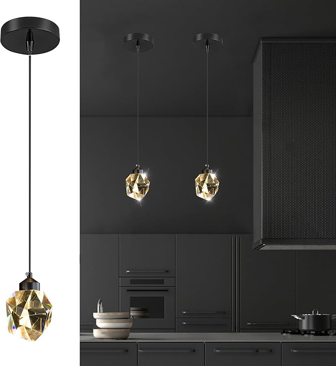 Modern Pendant Lights Kitchen Island, Mini Black Pendant Light, Led Small Crystal Chandelier for Dining Room 3000K-6000k,5W