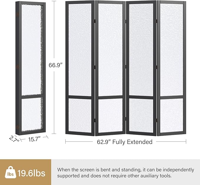 4 Panel Acrylic Room Divider Privacy Screen - Freestanding Frosted Translucent Partition, Lightweight Modern for Home Office Studio (Black, 4 Panels)