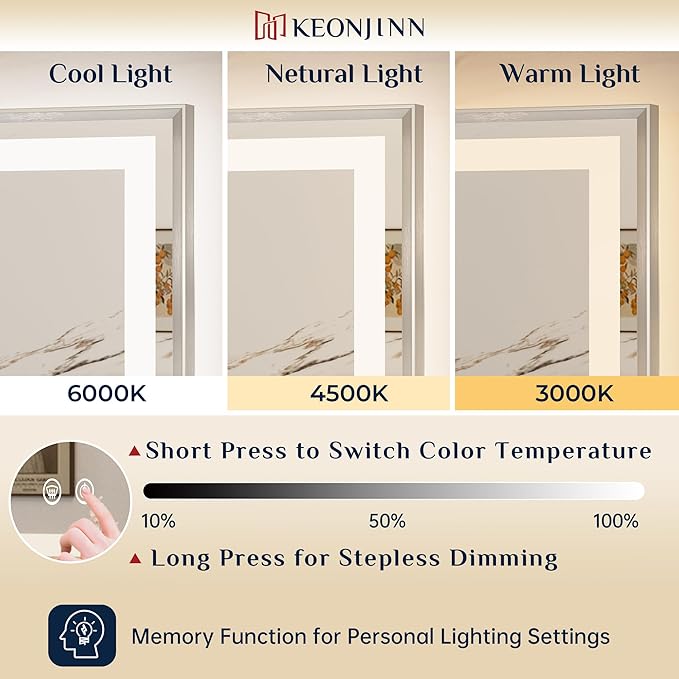 Keonjinn LED Mirror for Bathroom 24 x 30 in, Brushed Nickel Frontlit & Backlit Bathroom Mirror with Lights, Brushed Beveled Framed, Tempered Glass, UL Listed LED Driver, 3-Color Dimmable, Anti-Fog