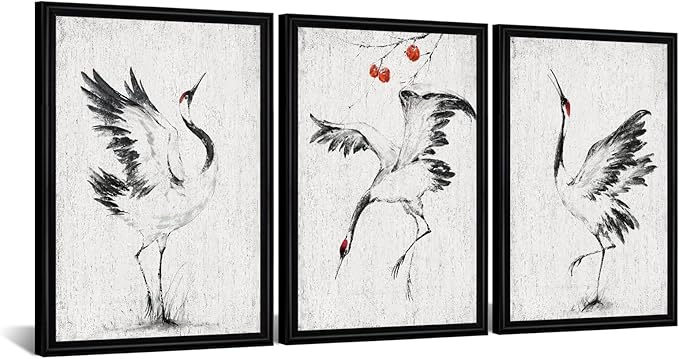 KREATIVE ARTS Black and White Chinoiserie Wall Art Set of 3 White Crane and Persimmon Tree Chinese Painting on Canvas with Frame for Bedroom Living Room Minimalist Oriental Decor Each 16x24 Inch