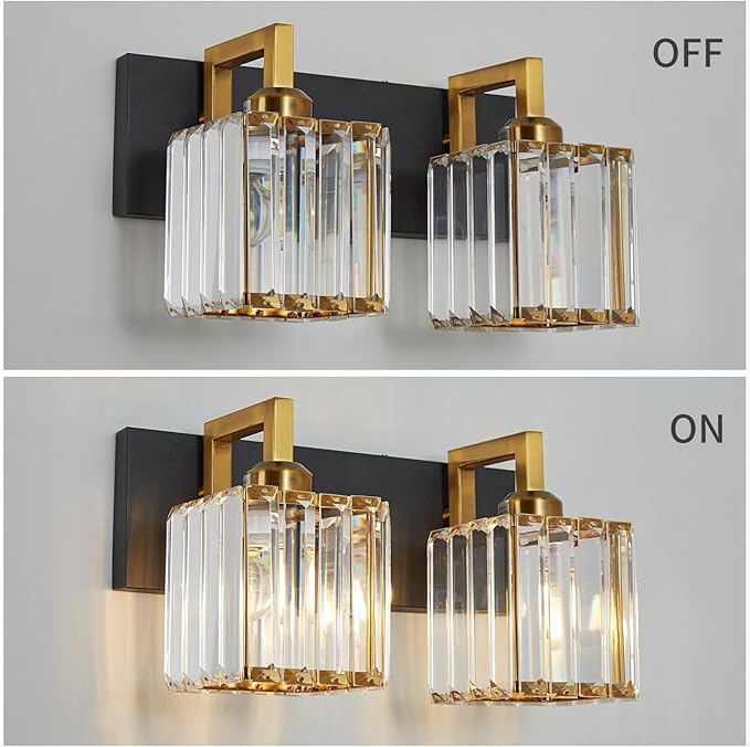 Modern Bathroom Vanity Light 2-Lights Black Gold Crystal Wall Lamp Bathroom Modern Crystal Vanity Lighting
