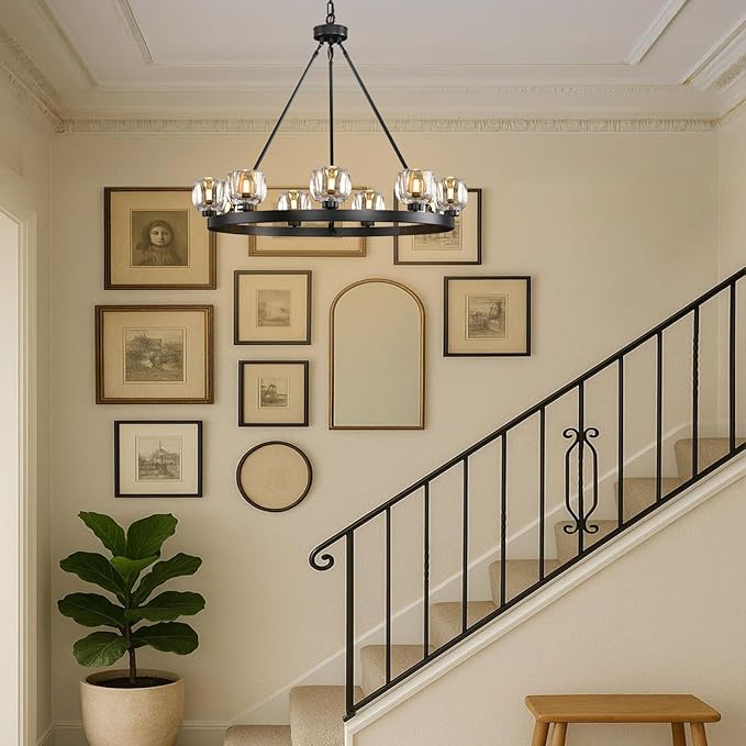 Black Wagon Wheel Chandelier, 36 Inch Black Chandeliers with Unique Glass Shade, 9-Light Crystal Farmhouse Wagon Wheel Chandeliers for Dining Room, Round Chandelier for Living Room, Foyer, Entryway