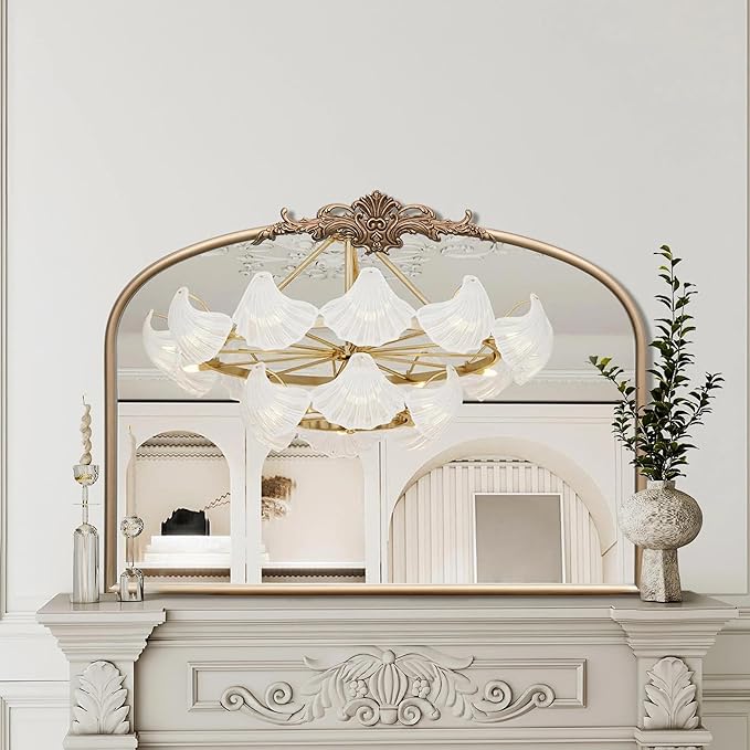 Arched Vintage Gold Mirror: 32"x24" Large Champagne Gold Antique Wall Mounted Mirror - Baroque Traditional Ornate for Fireplace/Bathroom/Living Room - Christmas Idea Gifts for Women