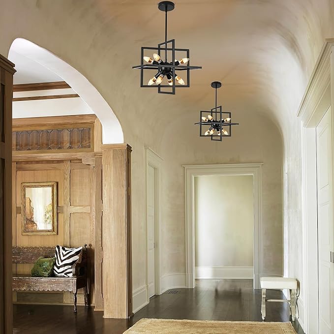 Modern Black Farmhouse Chandeliers,Small 8 Lights/E12 Geometric Pendant Light Adjustable Metal Hanging Lights for Dining Room,Kitchen Island,Foyer,Entryway,Hallway