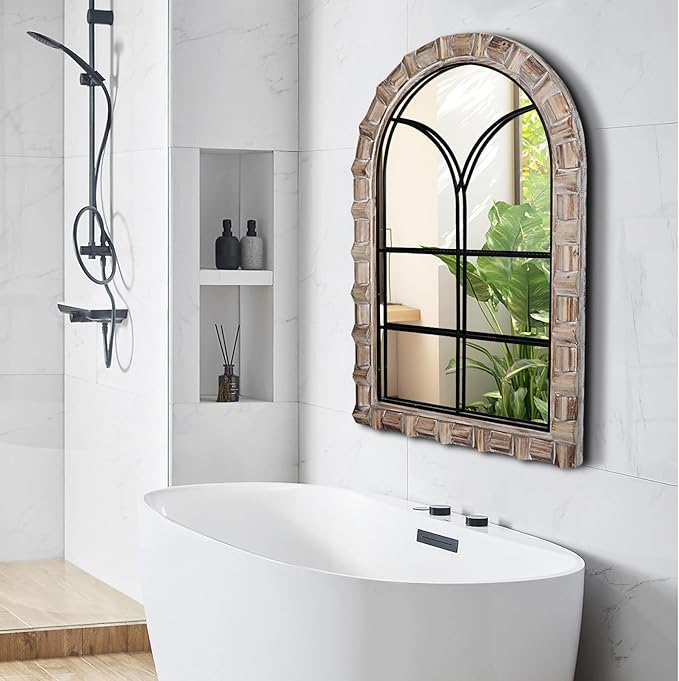 36x24 inches Dark Wood Arched Mirrors for Wall, Farmhouse Decorative Arch Mirror for Bedroom, Living Room, Bathroom, Entryway - Hanging or Leaning