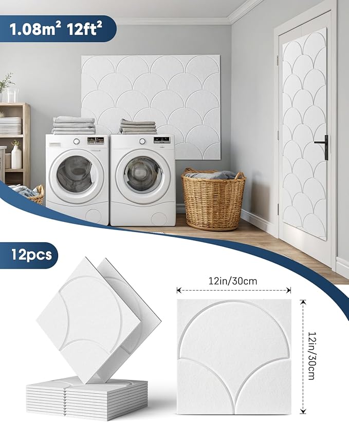 12 Pack Sound Proof Foam Panels for Walls，Self-Adhesive Acoustic Panels, 12" X 12" X 0.4" Sound Proof Panels for Walls，Door, Ceiling, Home Office White