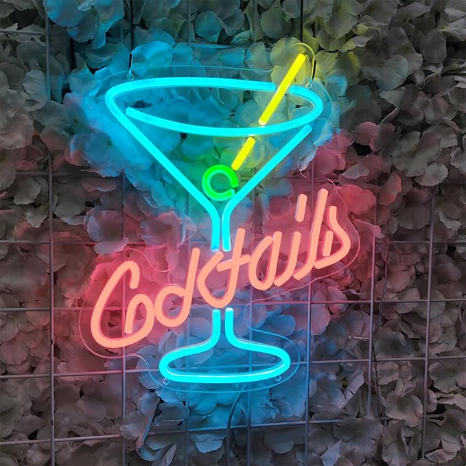 Cocktail Neon Sign, 11" x 13.7" Multicolor Acrylic Wall Mount, Tabletop, Hanging Chain LED Sign for Home Bar Decor