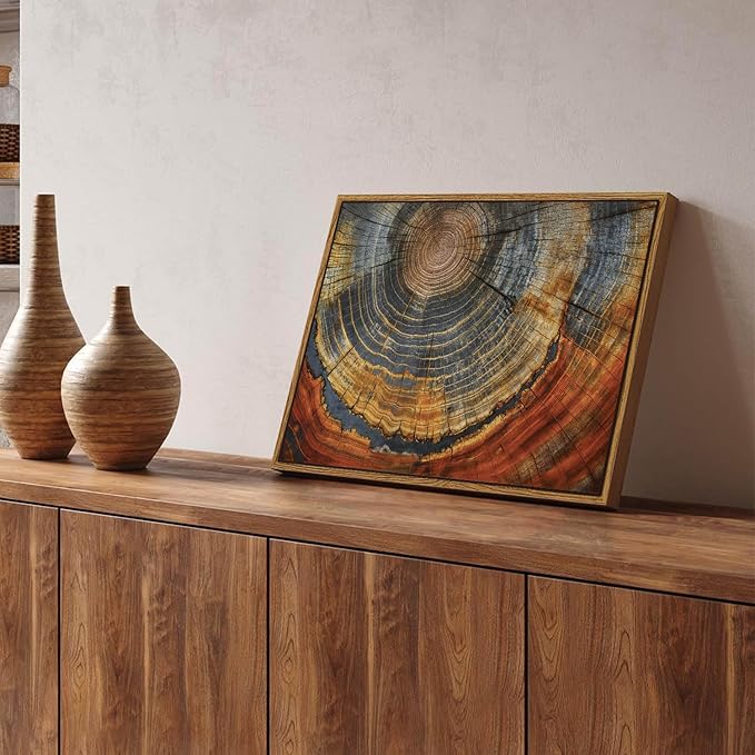 BingruiArt Framed Tree Ring Canvas Wall Art Red and Gold Abstract Wood Wall Decor Boho Modern Colorful Nature Prints Pictures Poster for Living Room Bedroom Bathroom Office 12"x16" Natural Framed(03)