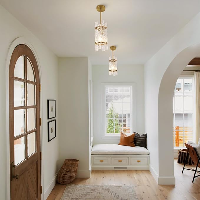 Modern Gold Crystal Pendant Light for Kitchen Island, Luxury Mini Water Ripple Glass Chandelier Lights Fixture, E26 Square Adjustable Hanging Pendant Lighting for Dining Room Bedroom (1-Pack)