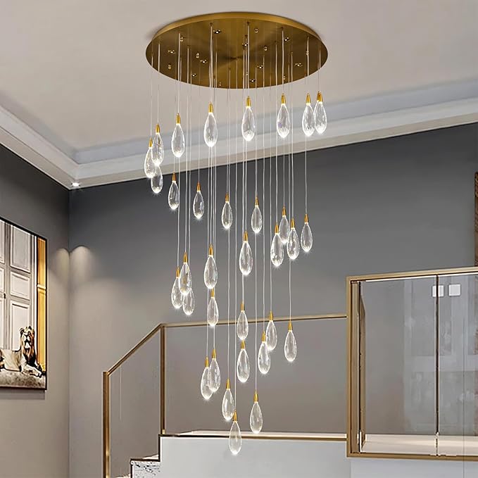 189" Luxury Long Crystal Chandelier, 43-Light Modern Gold Raindrop Staircase Chandelier, Contemporary 4000K Dimmable Flush Mount Light Fixture for Foyer, Entryway, Living Room, High Ceilings