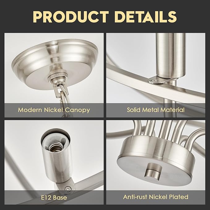 Brushed Nickel Chandelier, 6-Light Dining Room Chandelier Chrome Light Fixture Metal Candle Kitchen Chandeliers 28inch Round Chandeliers with Long Chain for Bedroom Living Room