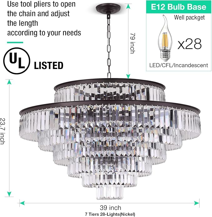 39" Large Modern Oil Brown Crystal Chandelier, 7-Tier Luxury Ceiling Light with Clear Crystal Prisms, Oversized Round Pendant Lighting for Dining Room Dining Room Living Room Foyer