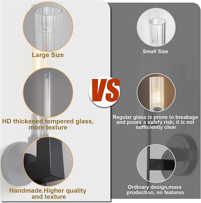 Black Wall Sconces Set of 2, Modern Bathroom Vanity Lights with Glass Shades - Industrial Vintage Wall Lamps for Mirror, Bedroom, Living Room, Hallway