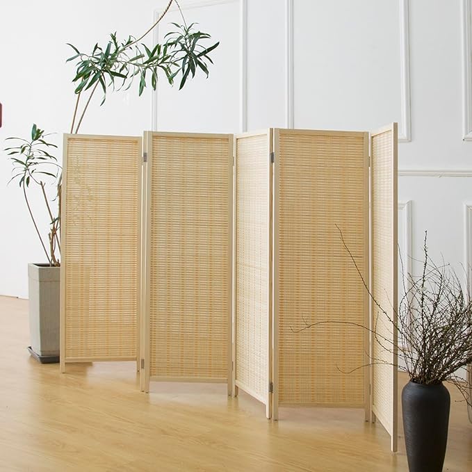 6 Panel Room Divider Short Folding Screen Divider,Double Sided Bamboo Panel Divider for Room Separation,Beige,47.2" H x 92.1" W