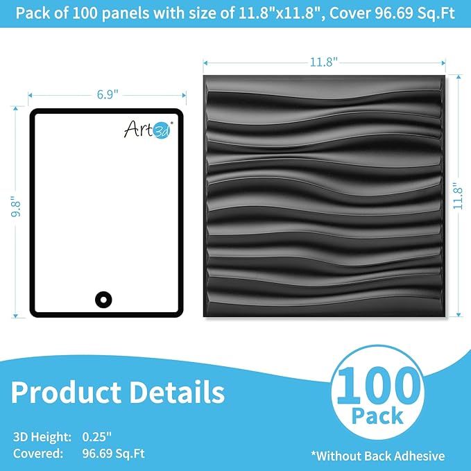 Art3d 100 Pack Decorative 3D Wall Panels, 97 Sq.Feet PVC Interior Wall Décor, 11.8"x11.8", Black