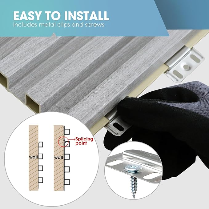 OUZUGIE WPC Acoustic Slat Wall Paneling, 8-Pack 114 x 6 Inches 3D Wall Panels for Interior Wall Decor,Living Room,TV Background,Study Room,Office Spaces,Bedroom,High Grille (Grey)