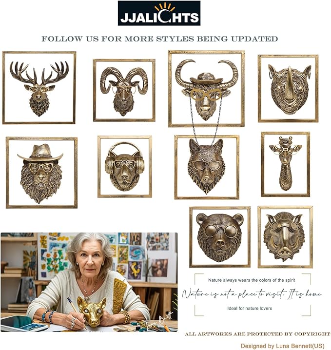 JJALIGHTS Animal Heads Wall Decor Resin Animals Sculptures Head Wall Hanging Decoration Imitation Copper vintage Wall Sculpture for Living Room Bedroom Office(5pcs,Includes Metal Frame)