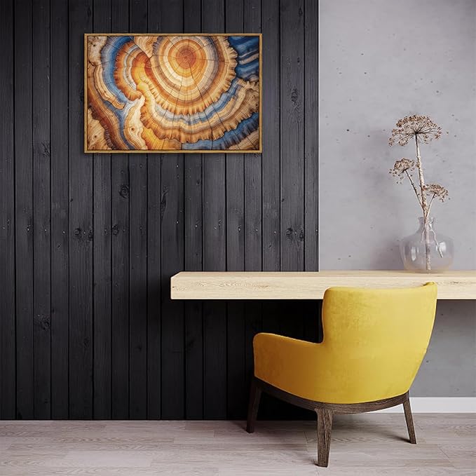 BingruiArt Framed Tree Ring Canvas Wall Art Abstract Wood Wall Decor Boho Modern Colorful Nature Painting Wood Stump Prints Pictures for Living Room Bedroom Bathroom Office 16"x24" Natural Framed(09)