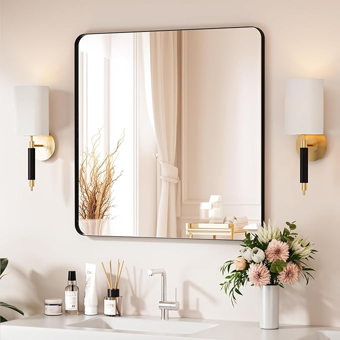 Black Bathroom Mirror 30X30 Inch Bathroom Vanity Mirror for Wall, Metal Frame Large Mirror, Tempered Glass, Modern Wall Mirror for Bathroom, Farmhouse, Horizontally or Vertically Hanging