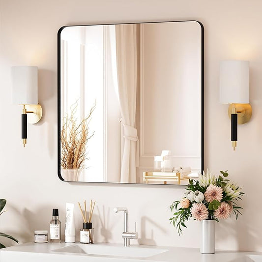 Black Bathroom Mirror 30X30 Inch Bathroom Vanity Mirror for Wall, Metal Frame Large Mirror, Tempered Glass, Modern Wall Mirror for Bathroom, Farmhouse, Horizontally or Vertically Hanging