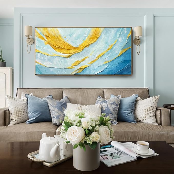 Nicetop Extra Large Framed Abstract Canvas Wall Art – Blue Gold Modern Oversized Picture Flowing Lines Art Print – Horizontal Wall Decor with Wood Frame for Living Room Bedroom Home Office 58x29Inch