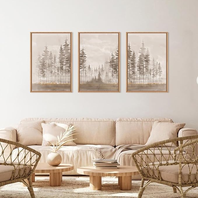 Beige Foggy Pine Tree Framed Canvas Wall Art Set,Modern Misty Forest Wall Decor,Nature Landscape Brown Art Print for Living Room,Bedroom-16 x24 x3