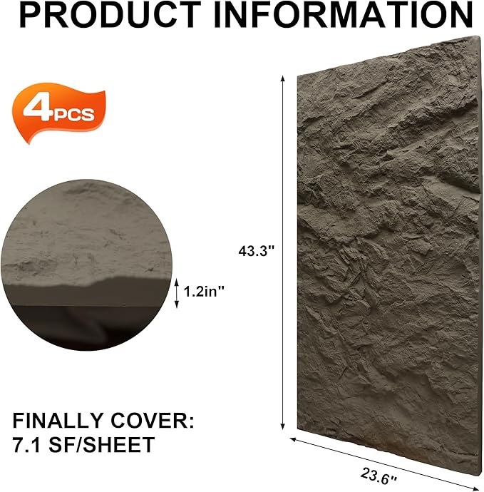 KASARO 3D Faux Stone Wall Panels, 4 PCS PU Wainscoting Panel for Interior Wall Decor, Cement Texture Thicker Accent for Home, Office, 43.3 × 23.6 inch, Grey