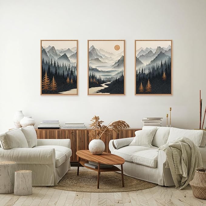 Ausril Watercolor Misty Forest Framed Canvas Wall Art Set, Foggy Mountain Wall Decor, Misty Pine Tree Wall Painting, Large Nature Landscape Art Prints for Living Room, Bedroom, Office - 24"X36"X3