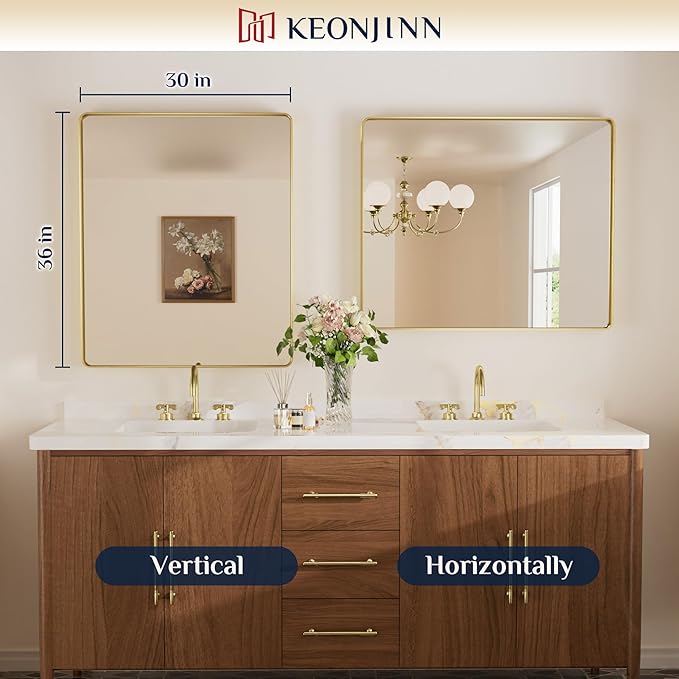 Keonjinn Gold Mirrors for Bathroom Sink, 30 x 36 Inch Rounded Rectangle Brushed Brass Mirror, Metal Framed Rectangular Wall Mirror, HD Tempered Glass Modern Decorative Mirror(Horizontal/Vertical)