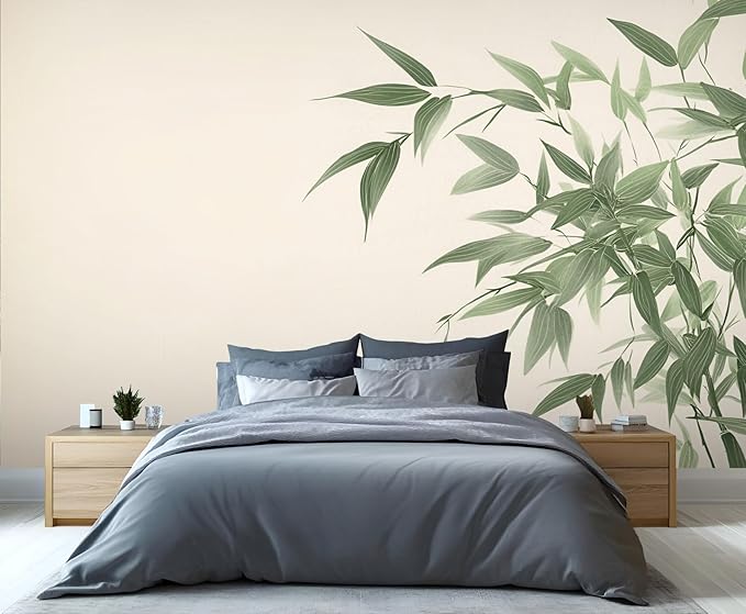Chinese Mural Wallpaper, Green Bamboo Leaf Murals, Abstract 3D Landscape Murals Wallpaper for Living Room Bedroom Tv Background Wall Home Decor Mural (Not Peel Stick)