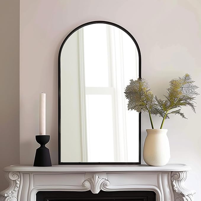 Arched Wall Mounted Mirror, 42"x24", Arch Black Mirror for Bathroom Vanity, Living Room or Bedroom, Entryway, Hallway Wall Mirror, Farmhouse Decorative Mirror for Hanging, Black, Iron Frame
