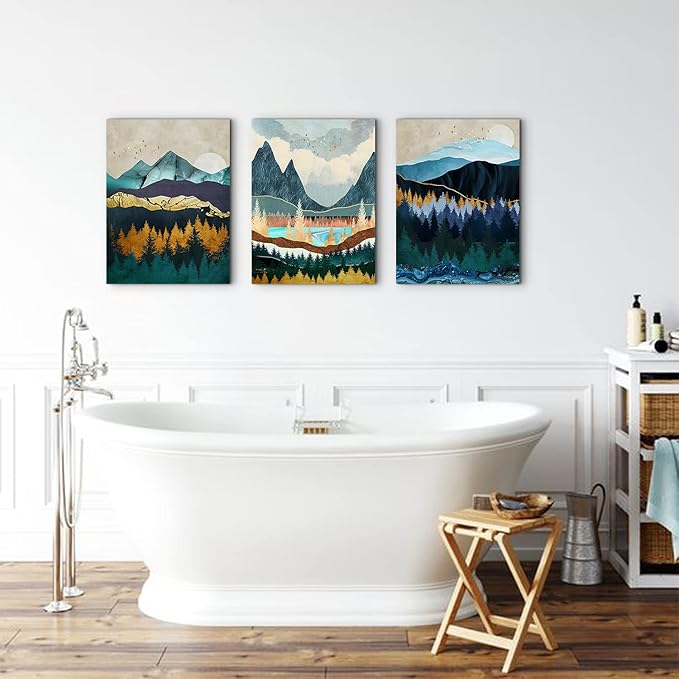 Nature Wall Art Abstract Mountain Pictures for Living Room Blue Forest Landscape Wall Decor Boho Paintings Canvas Prints Mid Century Minimalist Wilderness Modern Artwork Home Decorations 20x28” 3Pcs