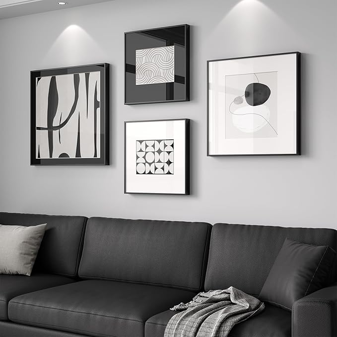 4 Piece Framed Abstract Wall Art Set, Large Modern Canvas Picture Artwork, Minimalist Contemporary Line Black and White Gray Painting Prints for Living Room, Hallway, Bedroom and Office