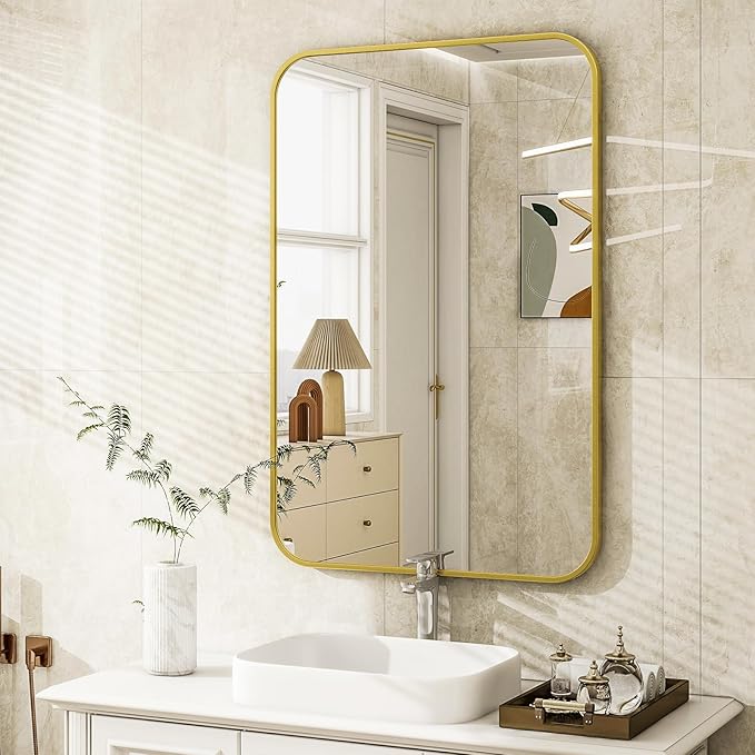 20 x 28 Inch Bathroom Mirror, Rounded Rectangular Vanity Mirror for Wall, Modern Mirror for Room Decor, Gold Framed Wall-Mounted Mirrors for Home Decor, Hangs Horizontally or Vertically