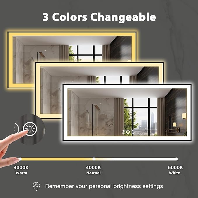 96x36 Large Lighted Bathroom Mirror, Black Rim(Front and Backlit), 3 Colors and Dimmable Vanity Mirror, Tempered Glass, IP54 Enhanced Anti-Fog, Anti-Corrosion, Memory (Horizontal/Vertical)
