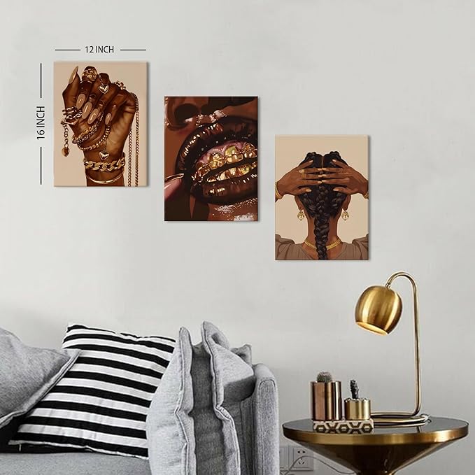 Black Women Wall Art Glitter Gold Jewelry Picture for Girls Bedroom Bathroom Wall Decor Luxury Abstract Fashion African American Female Poster Hip Hop Artwork Living Room Home Decoration 12x16" 3P