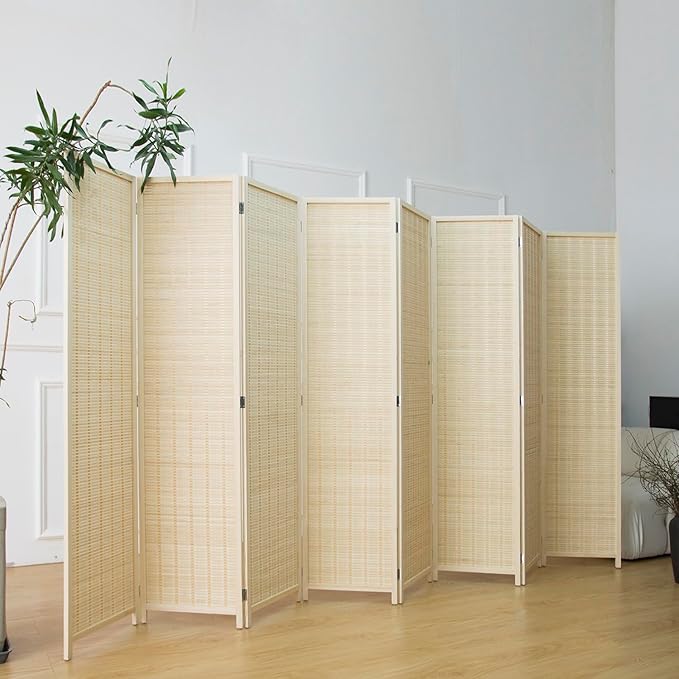 8 Panel Room Divider and Folding Panel Screen,Bamboo Panel Divider Screen for Room Separation,Beige,67" H x 122.8" W