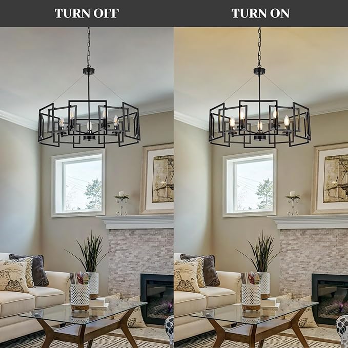 5-Light Black Geometric Chandelier,Height Adjustable Industrial Chandelier for Dining Room,Modern Farmhouse Chandelier Light Fixture over Table,for Bedroom,Living Room,Entryway,Bulbs Not Included