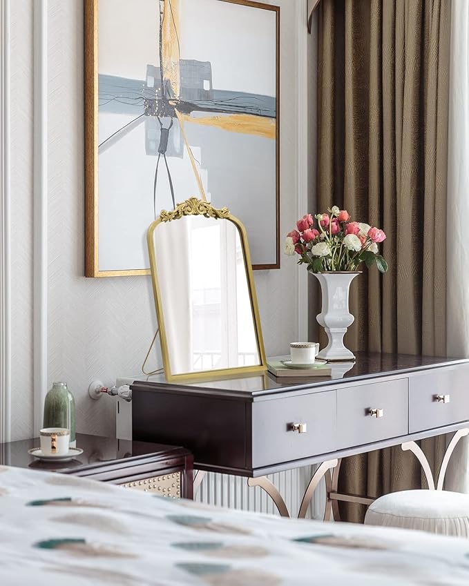 AIXI HOME Vintage Gold Vanity Makeup Desk Arched Mirror 12"x18", Antique Traditional Table Mirror with Ornate Metal Frame & Bracket, Small Standing Baroque Mirror for Living Room,Bedroom,Tabletop