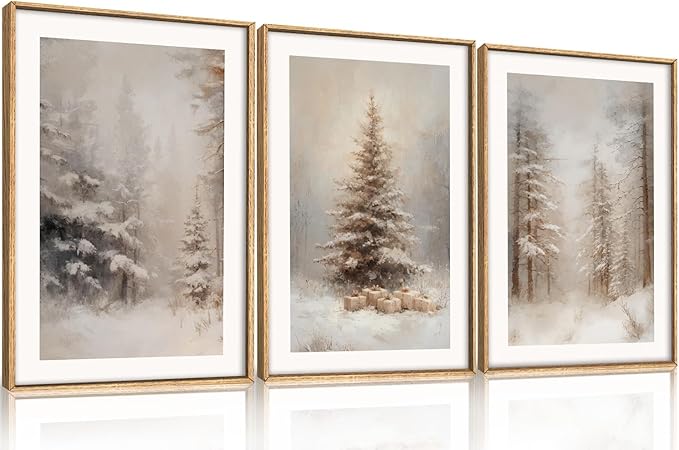 Aryroi Winter Snowy Forest Landscape Framed Canvas Wall Art Set,Modern Woodland Frosty Scenery Wall Decor,Nature Snow Covered Pine Tree Botanical Artwork for Living Room, Bedroom,Farmhouse- 16"x24"x3