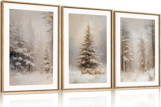 Aryroi Winter Snowy Forest Landscape Framed Canvas Wall Art Set,Modern Woodland Frosty Scenery Wall Decor,Nature Snow Covered Pine Tree Botanical Artwork for Living Room, Bedroom,Farmhouse- 16"x24"x3