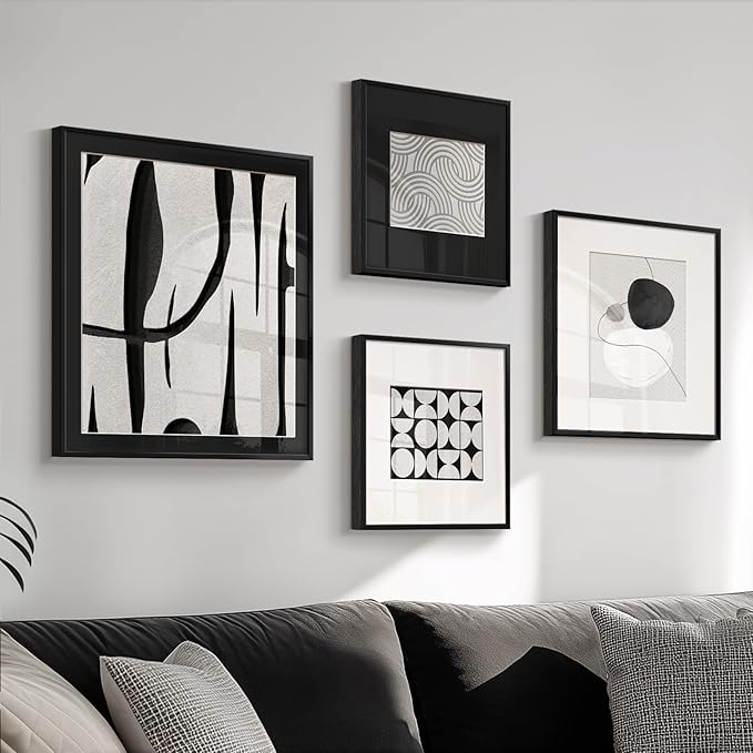 4 Piece Framed Abstract Wall Art Set, Large Modern Canvas Picture Artwork, Minimalist Contemporary Line Black and White Gray Painting Prints for Living Room, Hallway, Bedroom and Office