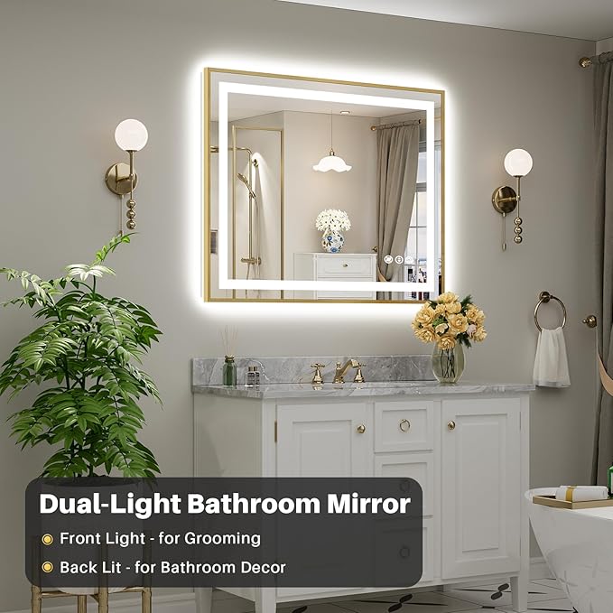 44x36 Inch LED Bathroom Mirror with Gold Frame, Backlit & Front Lit, Anti-Fog Lighted Bathroom Vanity Mirror for Wall, Memory Function, Dimmable, HD Tempered Glass, Shatter-Proof