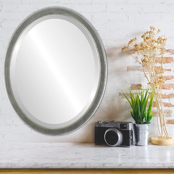 OVALCREST Oval Beveled Wall Mirror for Home Decor - Toronto Style - Silver Leaf with Black Antique - 18" x 14"