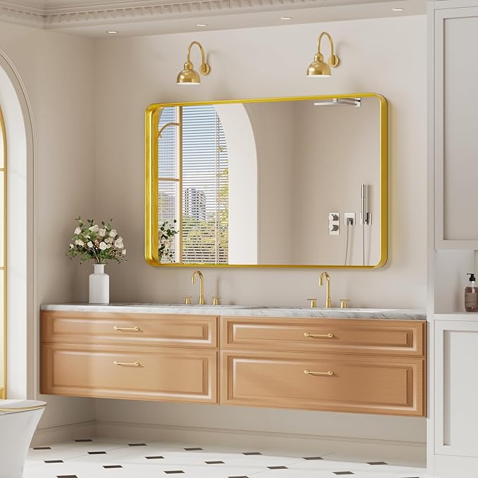 Koonmi Gold Wall Mirror for Bathroom, 30x48 Inch Matte Deep Framed Rounded Rectangle Vanity Mirror for Farmhouse Living Room, Tempered Glass, Anti-Rust, Vertically or Horizontally