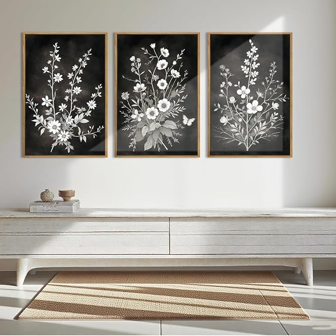 BINCUE Framed Black and White Floral Wall Art Set of 3 Botanical Wall Decor Flower Painting for Living Room Bedroom Office 16x24 Inches