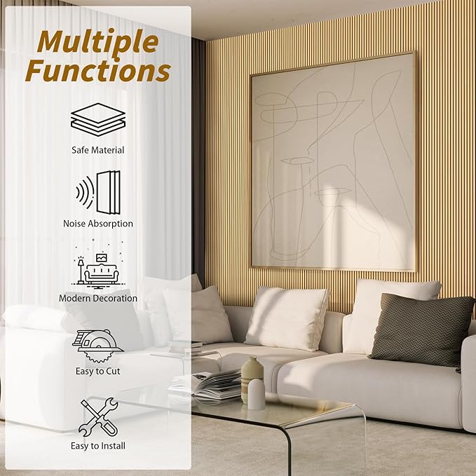 4-Piece Acoustic Wood Wall Panels for Wall and Ceiling, 3D Fluted Soundproof Wood Slat Wall Panels for Interior Wall Decor, 94.5" x 7.9"-Light Walnut